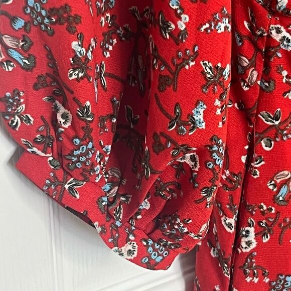Umgee Red Multi Floral Faux Wrap Tie 3/4 Balloon Sleeve Dress Size Small - Picture 6 of 16
